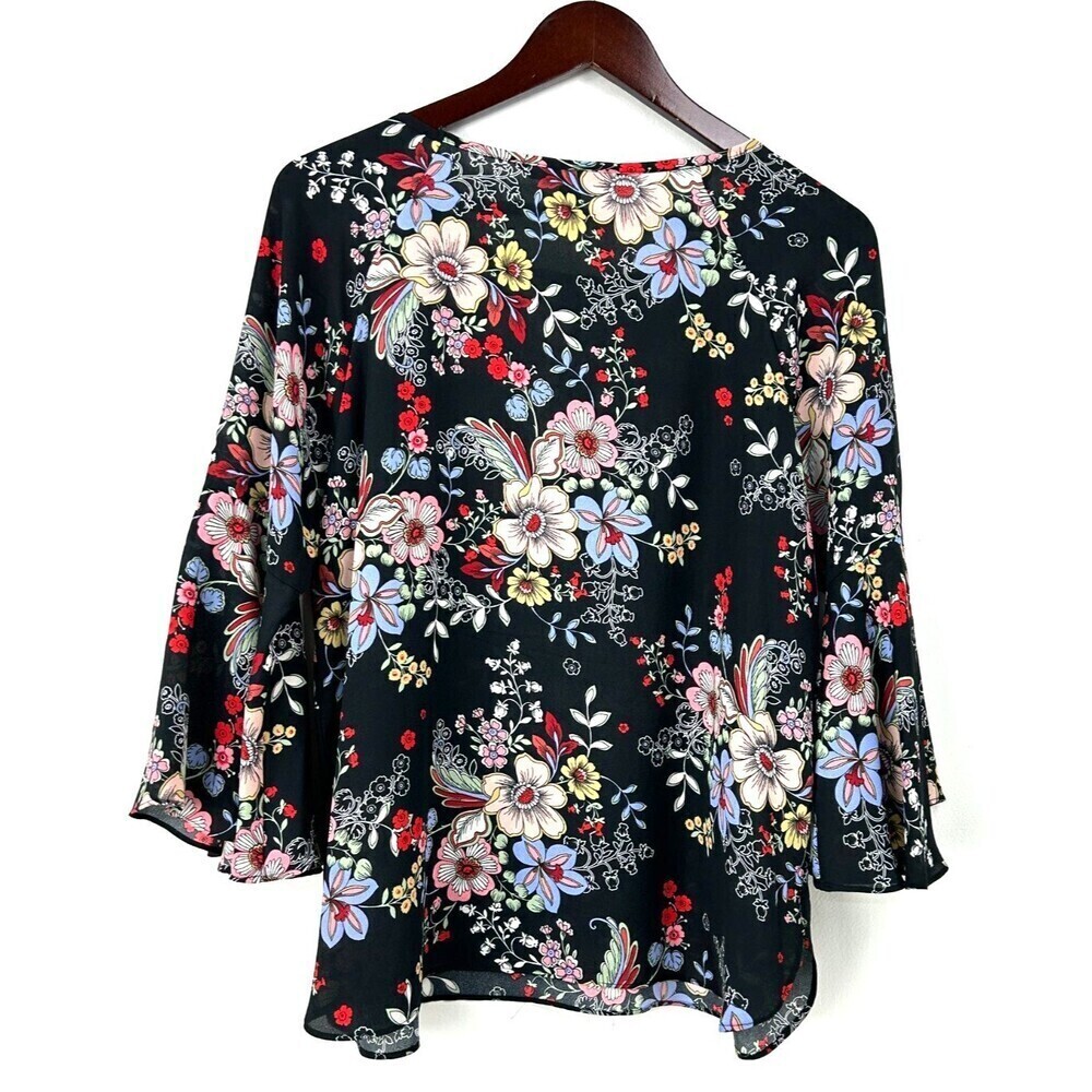 Zac & Rachel Womens Black Floral Round Neck Bell Sleeve Sheer Blouse PL 1140U4 - Picture 7 of 12